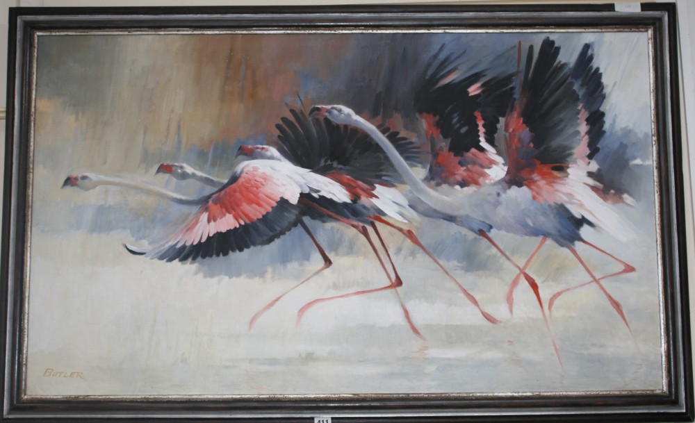Tony Butler (South African, 1959-), oil on board, Flamingos ascending, signed, 69 x 120cm